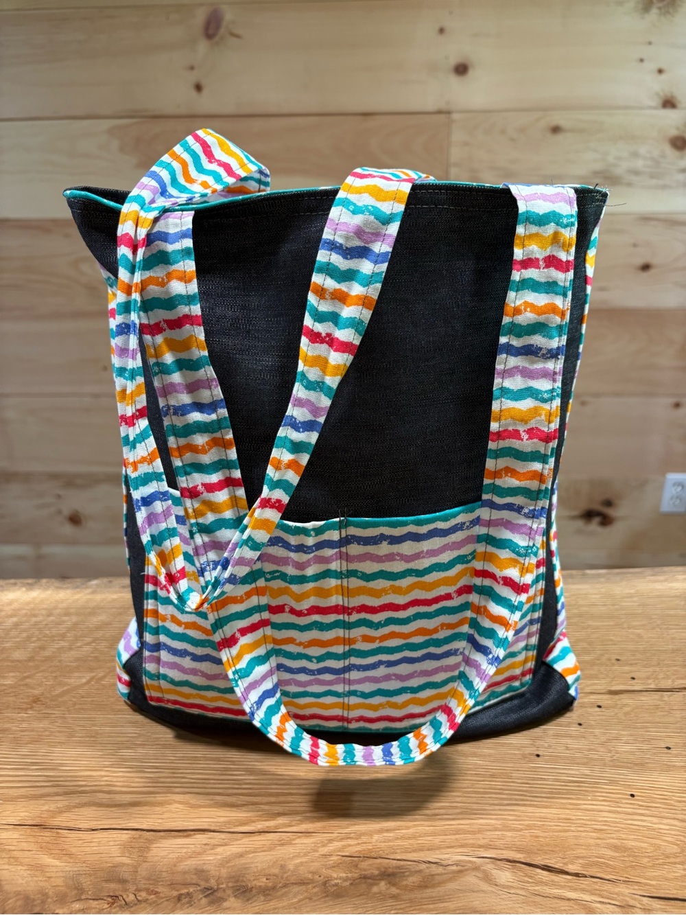 Denim and Cotton Stripe Pocket Tote Bag